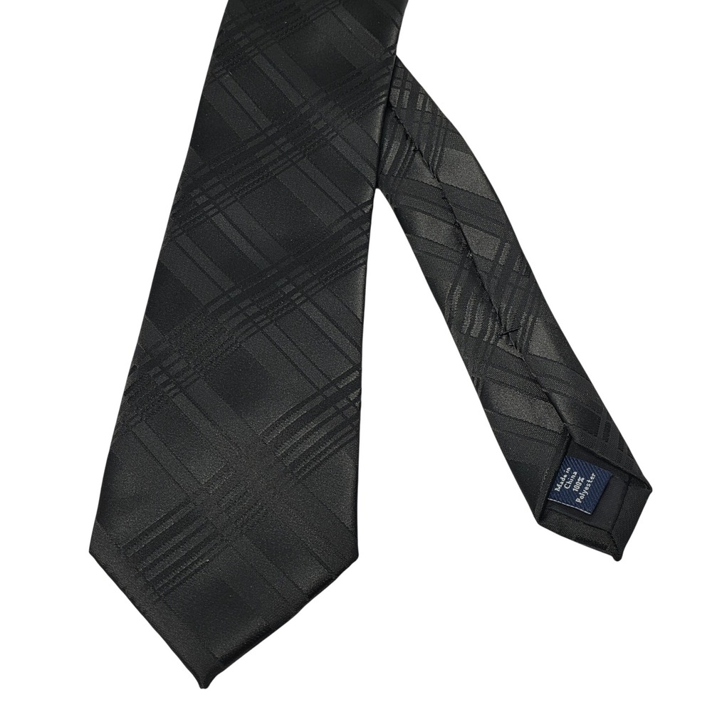 Croft & Barrow Mens Necktie Black Tonal Plaid Satin Woven Polyester Tie 58in